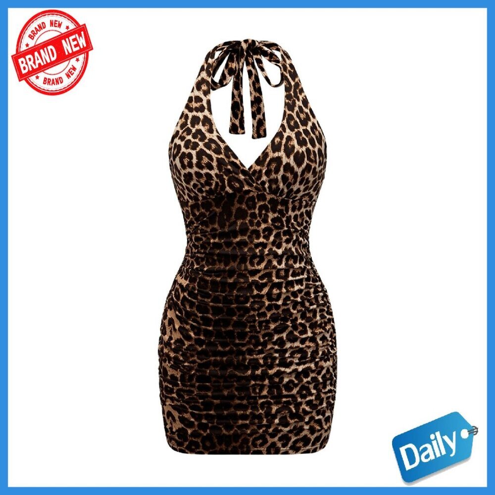 Leopard Print Halter Mini Dress Ruched Backless Bodycon